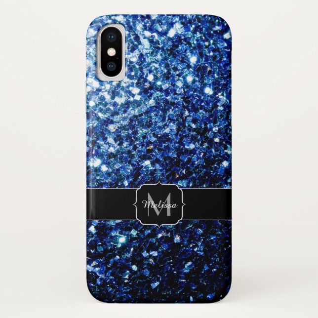 Dark Blue deep shiny faux glitter sparkle Monogram Case-Mate iPhone Case (Back)