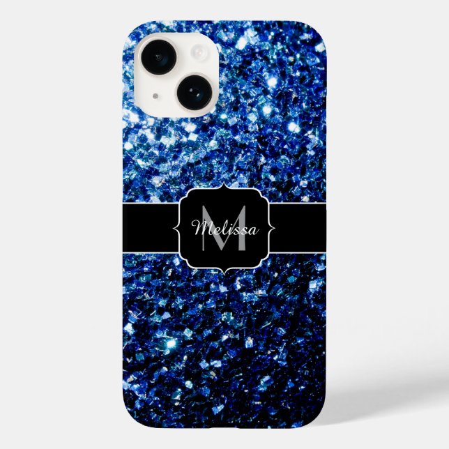 Dark Blue deep shiny faux glitter sparkle Monogram Case-Mate iPhone Case (Back)
