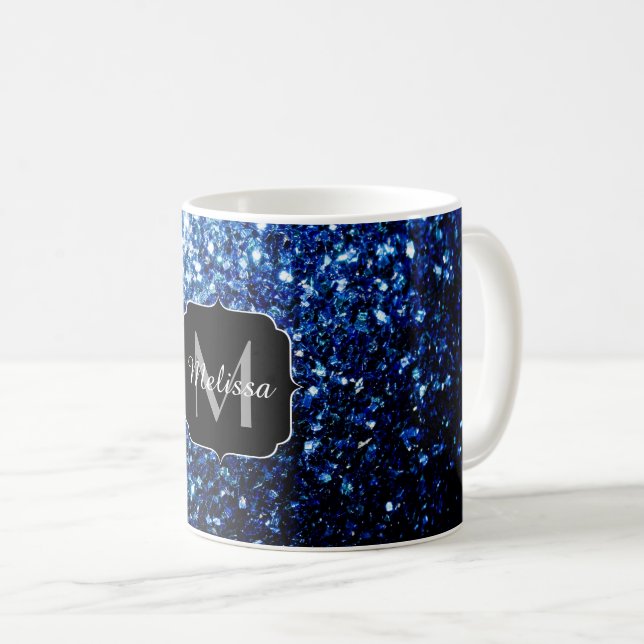 Dark Blue deep shiny faux glitter sparkle Monogram Coffee Mug (Front Right)