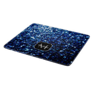 Dark Blue deep shiny faux glitter sparkle Monogram Cutting Board