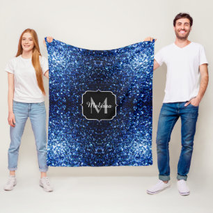 Dark Blue deep shiny faux glitter sparkle Monogram Fleece Blanket