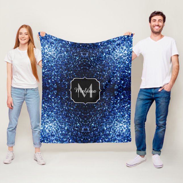 Dark Blue deep shiny faux glitter sparkle Monogram Fleece Blanket (In Situ)