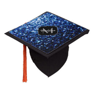Dark Blue deep shiny faux glitter sparkle Monogram Graduation Cap Topper
