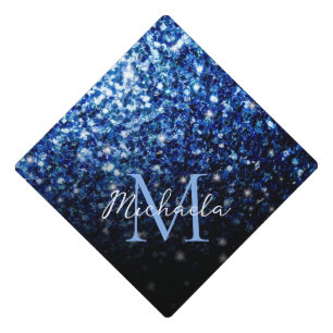 Dark Blue deep shiny faux glitter sparkle Monogram Graduation Cap Topper