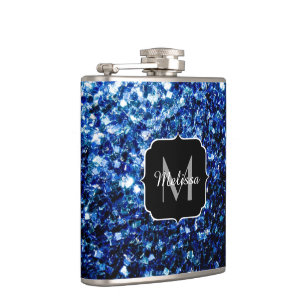 Dark Blue deep shiny faux glitter sparkle Monogram Hip Flask