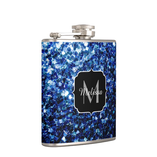 Dark Blue deep shiny faux glitter sparkle Monogram Hip Flask (Right)