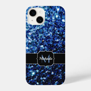 Dark Blue deep shiny faux glitter sparkle Monogram iPhone 14 Case