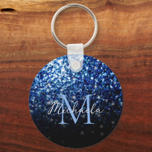 Dark Blue deep shiny faux glitter sparkle Monogram Keychain
