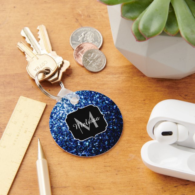 Dark Blue deep shiny faux glitter sparkle Monogram Keychain (Desk)