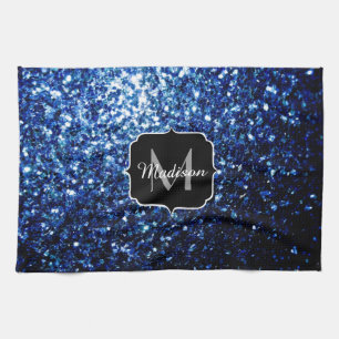 Dark Blue deep shiny faux glitter sparkle Monogram Kitchen Towel