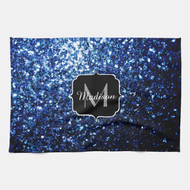 Dark Blue deep shiny faux glitter sparkle Monogram Kitchen Towel (Horizontal)