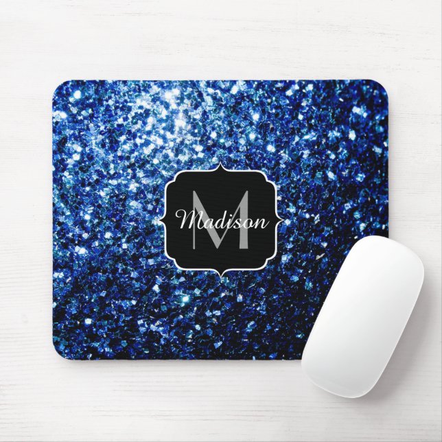 Dark Blue deep shiny faux glitter sparkle Monogram Mouse Pad (With Mouse)
