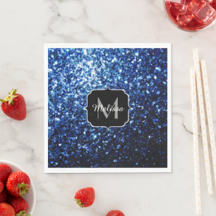 Dark Blue deep shiny faux glitter sparkle Monogram Napkin