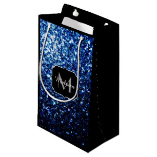 Dark Blue deep shiny faux glitter sparkle Monogram Small Gift Bag