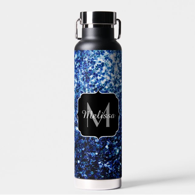 Dark Blue deep shiny faux glitter sparkle Monogram Water Bottle (Front)