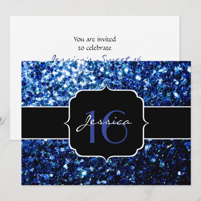 Dark Blue deep shiny faux glitter sparkle Sweet 16 Invitation (Front/Back)