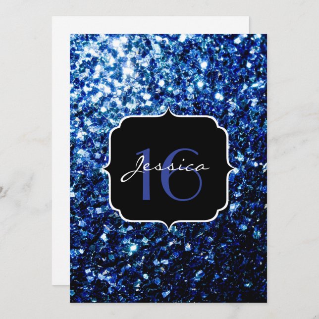 Dark Blue deep shiny faux glitter sparkle Sweet 16 Invitation (Front/Back)