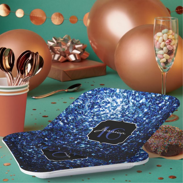 Dark Blue deep shiny faux glitter sparkle Sweet 16 Paper Plate (Multi)