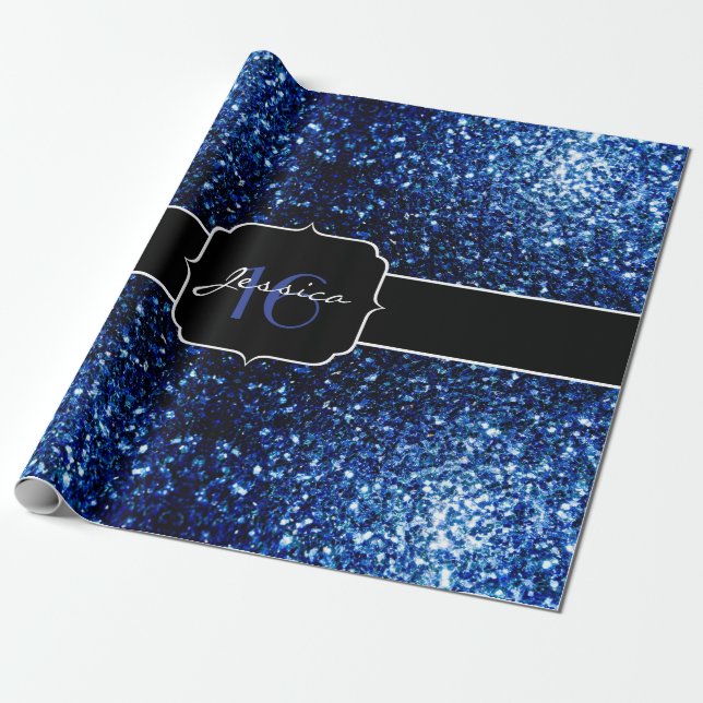 Dark Blue deep shiny faux glitter sparkle Sweet 16 Wrapping Paper (Unrolled)