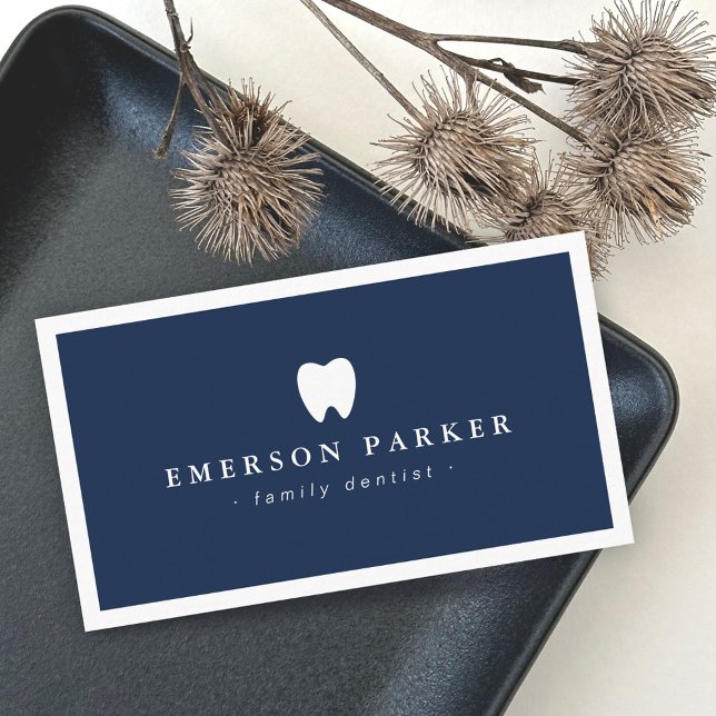 Dark blue dentist tooth logo modern minimalist business card (Creator Uploaded)
