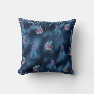 Dark Blue Design with Turquoise & Pink Leaves Throw Pillow