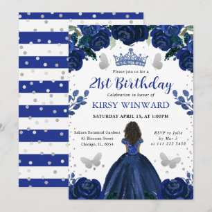 Dark Blue Dress Dark Skin Princess Birthday Invitation