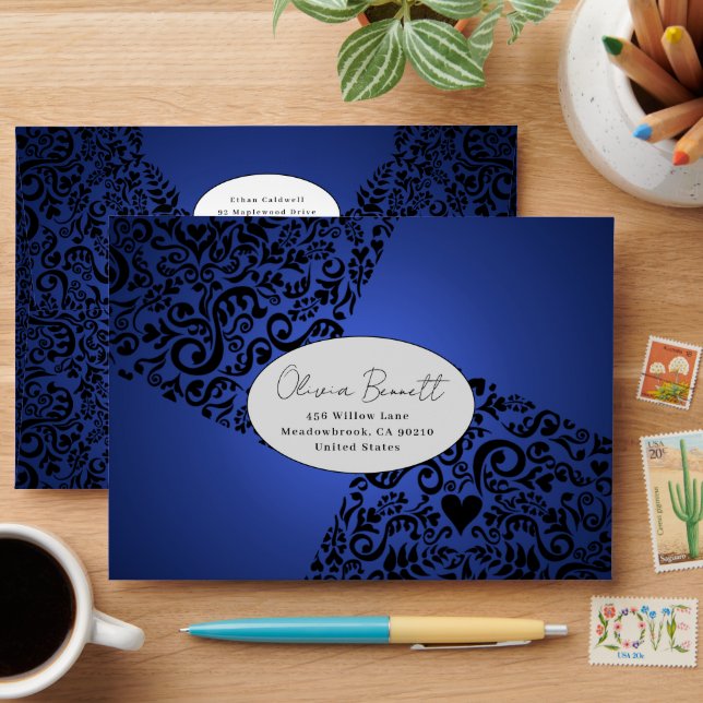 Dark Blue Elegant Damask Pattern Envelope (Desk)