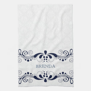 Dark Blue Elegant Floral Swirls Frame Monogram Kitchen Towel