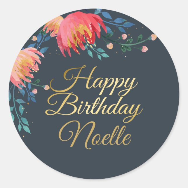 Dark Blue, Elegant, Whimsical Flowers, Gold Accent Classic Round Sticker (Front)