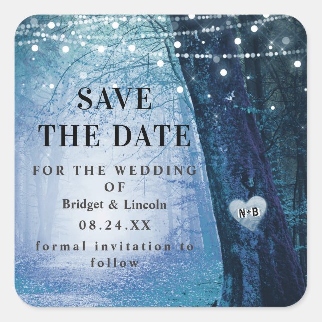 Dark Blue Evermore Enchanted Forest Save The Date Square Sticker (Front)