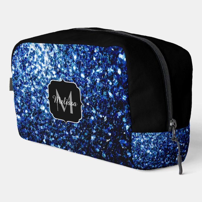 Dark blue faux glitter sparkles black Monogram Dopp Kit (Right Corner)