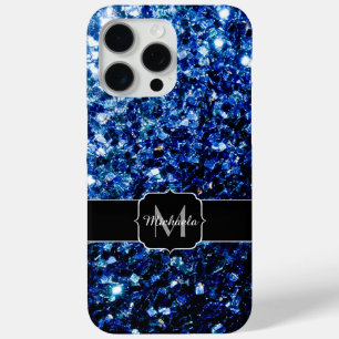 Dark blue faux glitter sparkles Monogram iPhone 15 Pro Max Case
