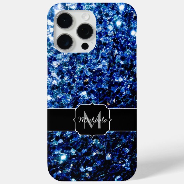 Dark blue faux glitter sparkles Monogram Case-Mate iPhone Case (Back)