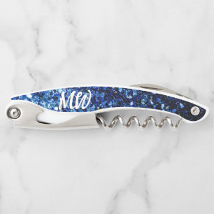 Dark blue faux glitter sparkles Monogram Corkscrew