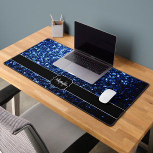 Dark blue faux glitter sparkles Monogram Desk Mat