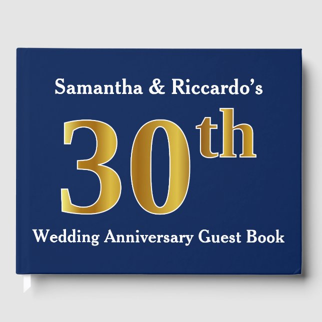 Dark Blue + Faux Gold 30th Wedding Anniversary Guest Book (Front)