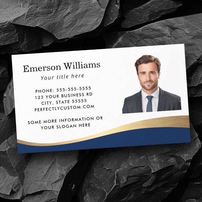 Dark blue faux golden wave custom photo business card (Dark blue faux golden wave custom photo business card)