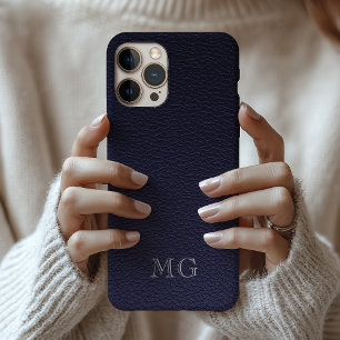 Dark Blue Faux Leather White Monogrammed Initials iPhone 16 Case