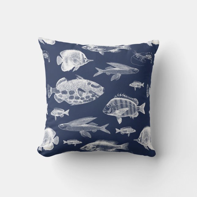 Dark Blue Fish Throw Pillow (Front)