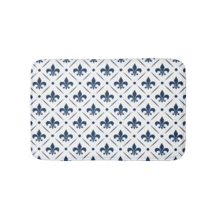Dark blue Fleur De Lis pattern on white background Bath Mat