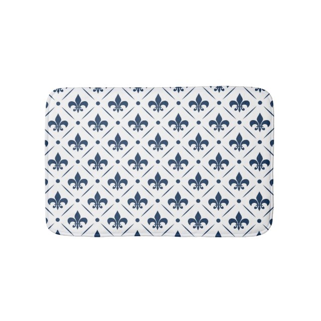 Dark blue Fleur De Lis pattern on white background Bath Mat (Front)