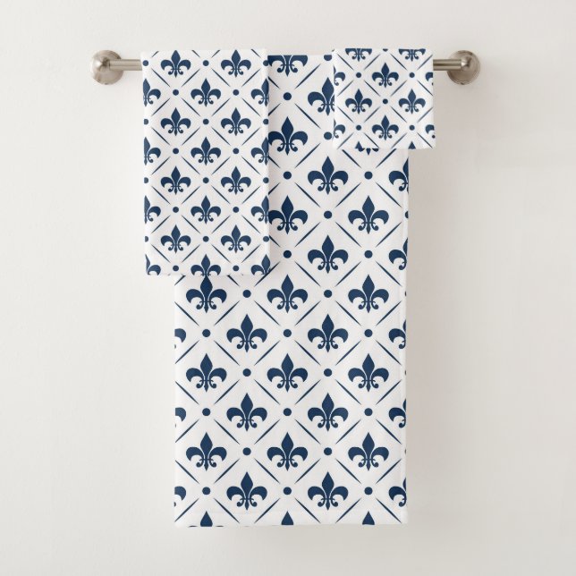 Dark blue Fleur De Lis pattern on white background Bath Towel Set (Insitu)
