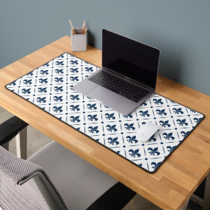 Dark blue Fleur De Lis pattern on white background Desk Mat