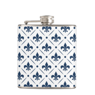 Dark blue Fleur De Lis pattern on white background Hip Flask