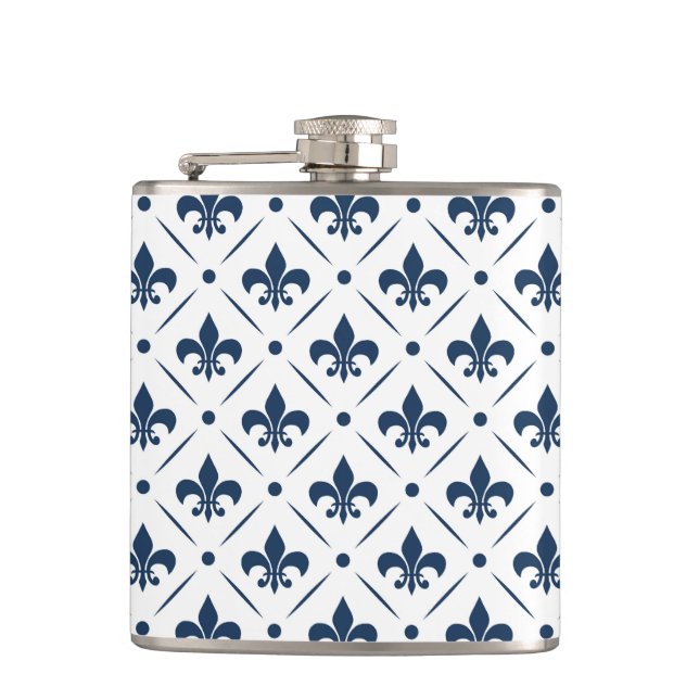Dark blue Fleur De Lis pattern on white background Hip Flask (Front)