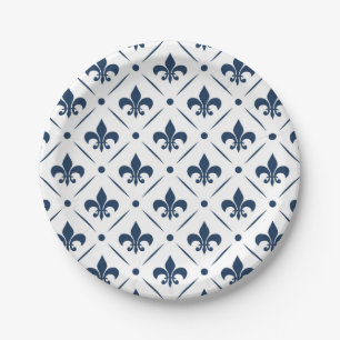 Dark blue Fleur De Lis pattern on white background Paper Plate