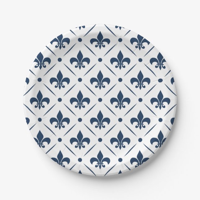 Dark blue Fleur De Lis pattern on white background Paper Plate (Front)