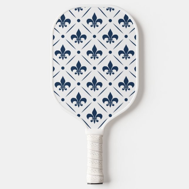 Dark blue Fleur De Lis pattern on white background Pickleball Paddle (Front)