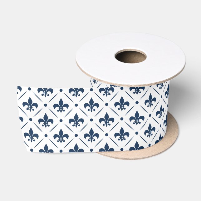 Dark blue Fleur De Lis pattern on white background Satin Ribbon (Spool)