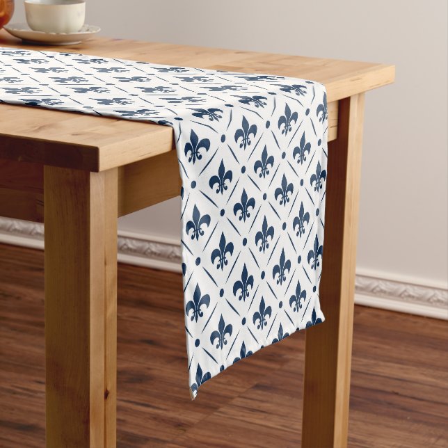 Dark blue Fleur De Lis pattern on white background Short Table Runner (In Situ)